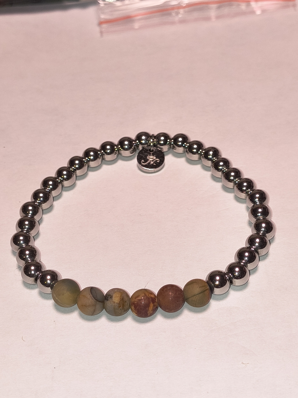 Beaded Silver Stretch Bracelet with Matte Earth Stone Accent By Nogu